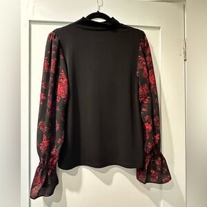 CeCe Black Top with Red Floral Sleeves